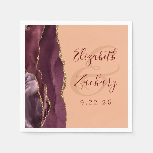 Agate Geode Script Burgundy Gold Peach Wedding Serviette (Vorderseite)