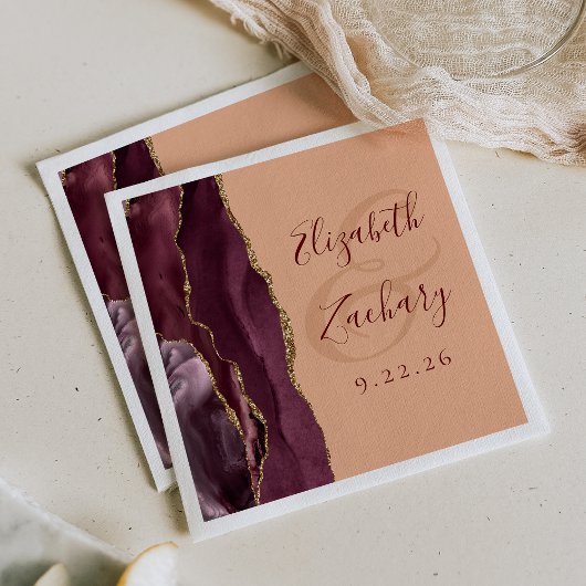 Agate Geode Script Burgundy Gold Peach Wedding Serviette