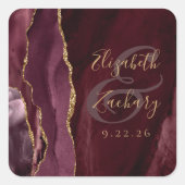 Agate Geode Script Burgundy Gold Wedding Quadratischer Aufkleber (Vorderseite)