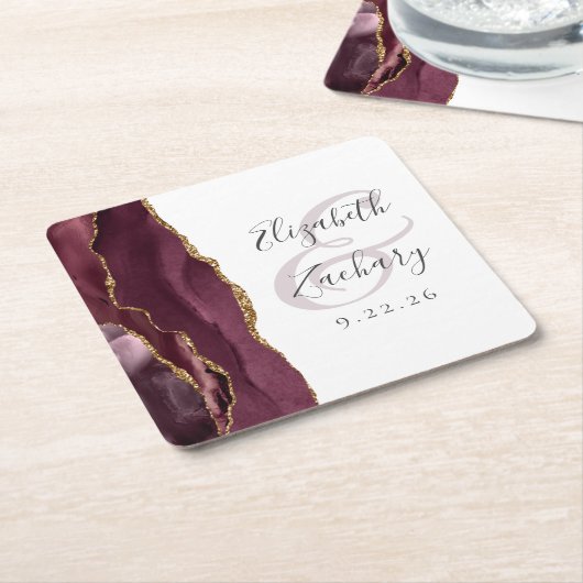 Agate Geode Script Burgundy Gold Wedding Rechteckiger Pappuntersetzer (angewinkelt)