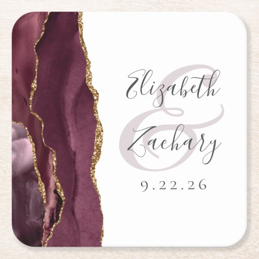 Agate Geode Script Burgundy Gold Wedding Rechteckiger Pappuntersetzer (Vorderseite)