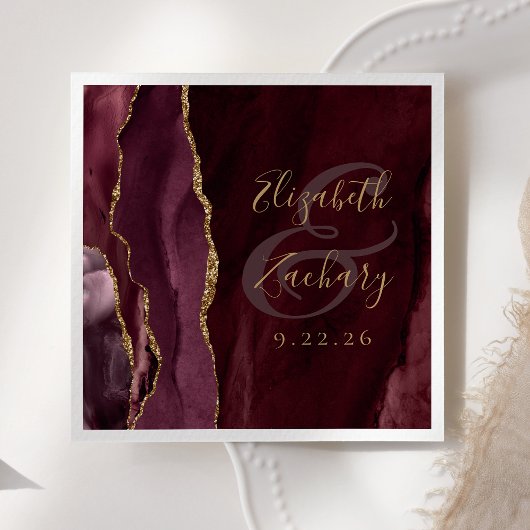 Agate Geode Script Burgundy Gold Wedding Serviette