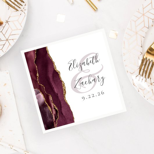 Agate Geode Script Burgundy Gold Wedding Serviette