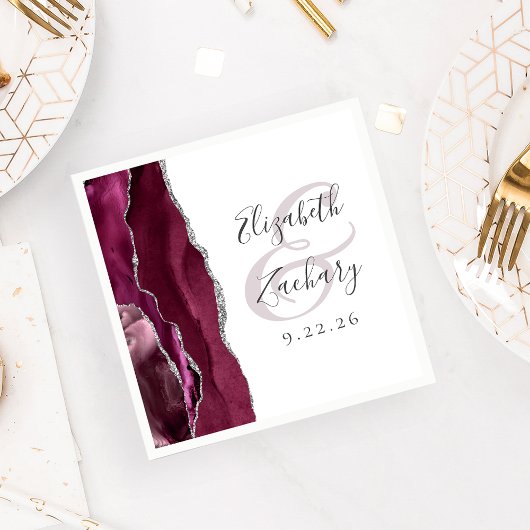 Agate Geode Script Burgundy Silver Wedding Serviette