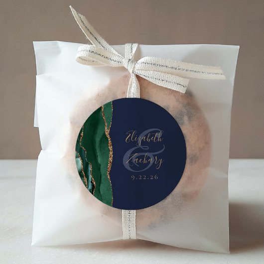 Agate Geode Script Emerald Green Gold Navy Hochzei Runder Aufkleber