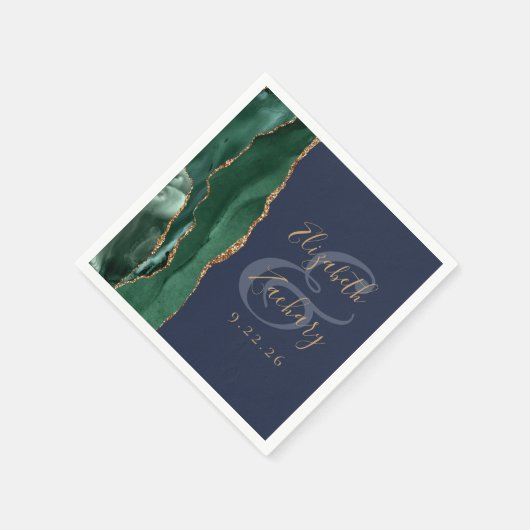 Agate Geode Script Emerald Green Gold Navy Hochzei Serviette (Ecke)