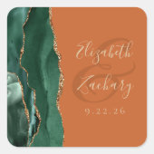 Agate Geode Script Emerald Green Gold Rust Wedding Quadratischer Aufkleber (Vorderseite)