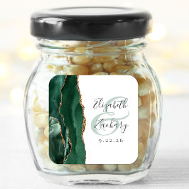 Agate Geode Script Emerald Green Gold Wedding Quadratischer Aufkleber