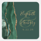 Agate Geode Script Emerald Green Gold Wedding Quadratischer Aufkleber (Vorderseite)