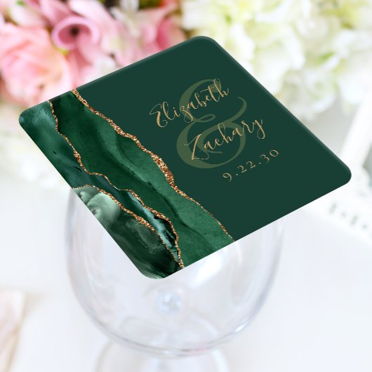 Agate Geode Script Emerald Green Gold Wedding Rechteckiger Pappuntersetzer