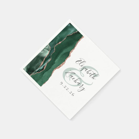 Agate Geode Script Emerald Green Rose Gold Wedding Serviette (Ecke)