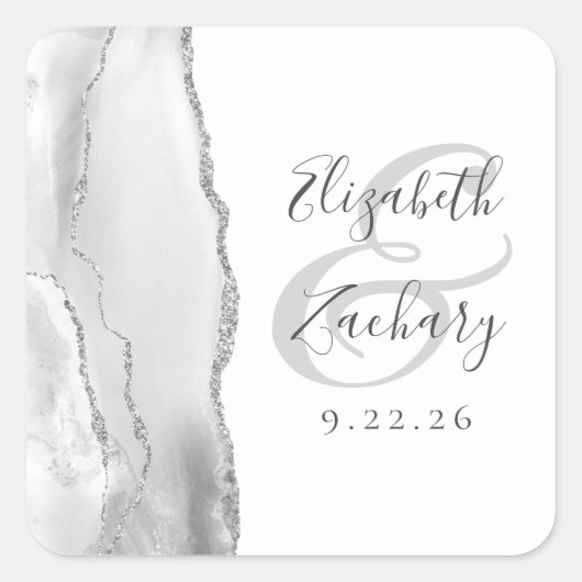 Agate Geode Script Gray Silver Wedding Quadratischer Aufkleber (Vorderseite)
