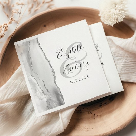 Agate Geode Script Gray Silver Wedding Serviette