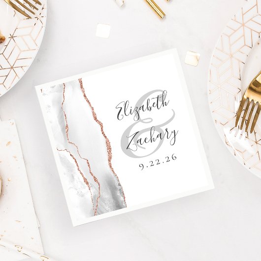 Agate Geode Script Gray White Rose Gold Wedding Serviette