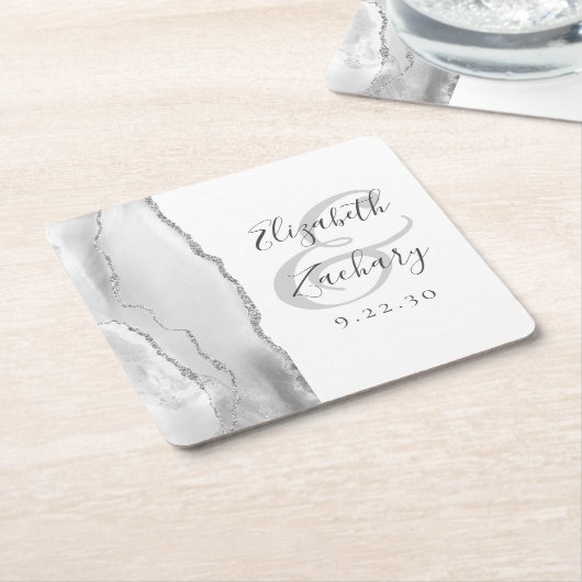 Agate Geode Script Gray White Silver Wedding Rechteckiger Pappuntersetzer (angewinkelt)