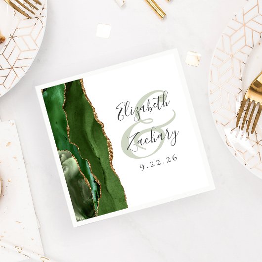 Agate Geode Script Hunter Green Gold Wedding Serviette