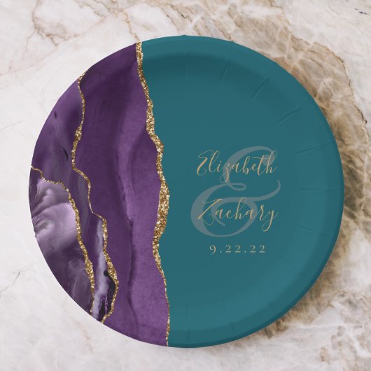 Agate Geode Script Lila Gold Aquamarine Hochzeit Pappteller