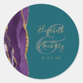Agate Geode Script Lila Gold Aquamarine Hochzeit Runder Aufkleber (Vorderseite)
