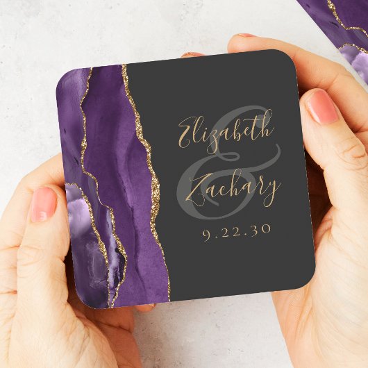 Agate Geode Script Lila Gold Dark Wedding Rechteckiger Pappuntersetzer
