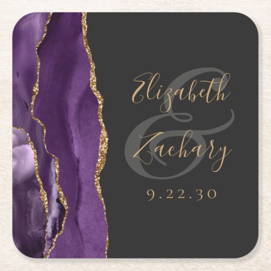 Agate Geode Script Lila Gold Dark Wedding Rechteckiger Pappuntersetzer (Vorderseite)