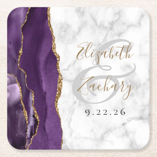 Agate Geode Script Lila Gold Marble Wedding Rechteckiger Pappuntersetzer (Vorderseite)