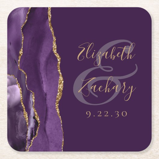 Agate Geode Script Lila Gold Plum Wedding Rechteckiger Pappuntersetzer (Vorderseite)