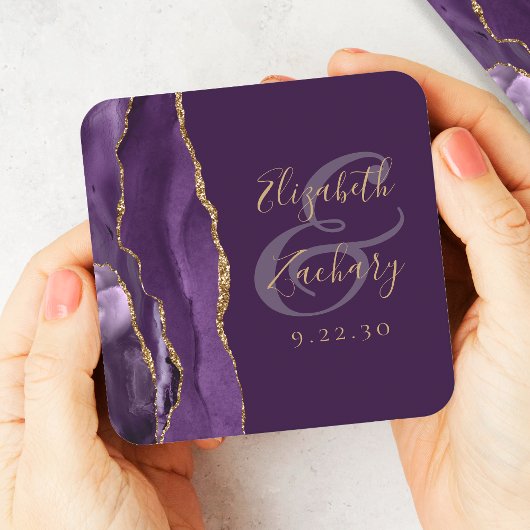 Agate Geode Script Lila Gold Plum Wedding Rechteckiger Pappuntersetzer