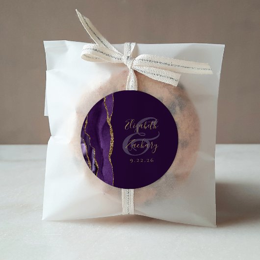 Agate Geode Script Lila Gold Plum Wedding Runder Aufkleber