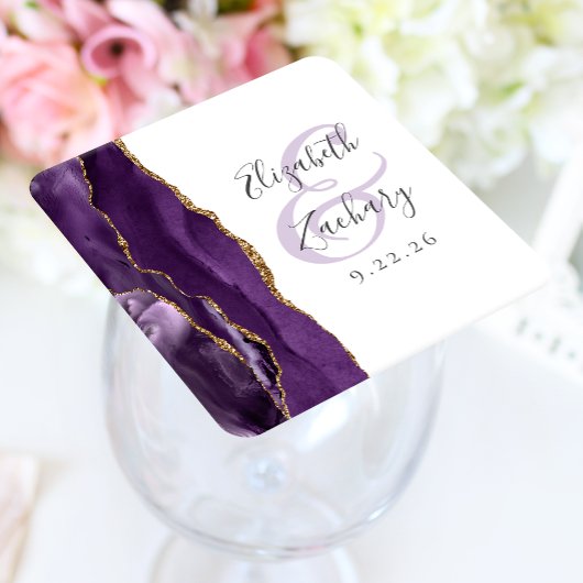 Agate Geode Script Lila Gold Wedding Rechteckiger Pappuntersetzer