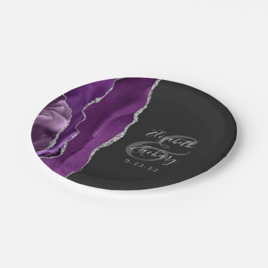 Agate Geode Script Lila Silver Dark Wedding Pappteller (Schrägansicht)