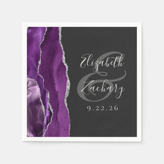 Agate Geode Script Lila Silver Dark Wedding Serviette (Vorderseite)