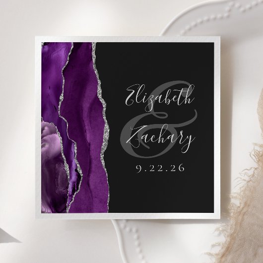 Agate Geode Script Lila Silver Dark Wedding Serviette