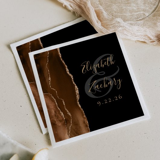 Agate Geode Script Mocha Brown Gold Black Wedding Serviette
