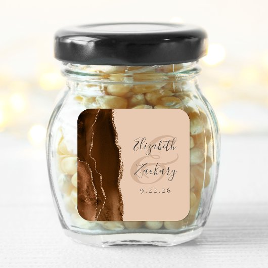 Agate Geode Script Mocha Brown Gold Tan Wedding Quadratischer Aufkleber