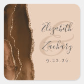 Agate Geode Script Mocha Brown Gold Tan Wedding Quadratischer Aufkleber (Vorderseite)