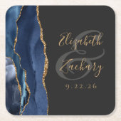 Agate Geode Script Navy Blue Gold Dark Wedding Rechteckiger Pappuntersetzer (Vorderseite)
