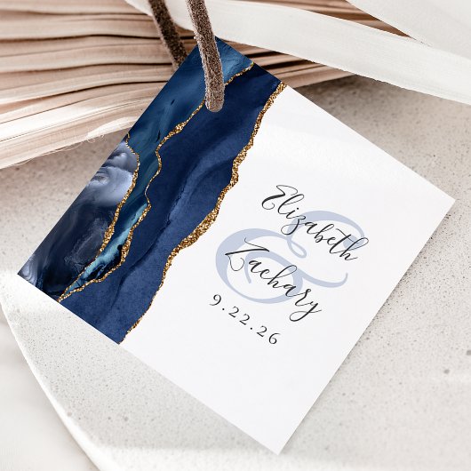 Agate Geode Script Navy Blue Gold Hochzeit Geschenkanhänger
