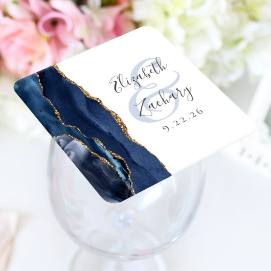 Agate Geode Script Navy Blue Gold Hochzeit Rechteckiger Pappuntersetzer