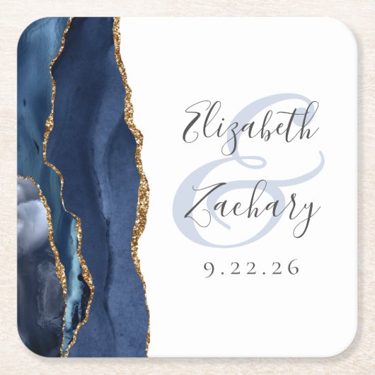 Agate Geode Script Navy Blue Gold Hochzeit Rechteckiger Pappuntersetzer (Vorderseite)