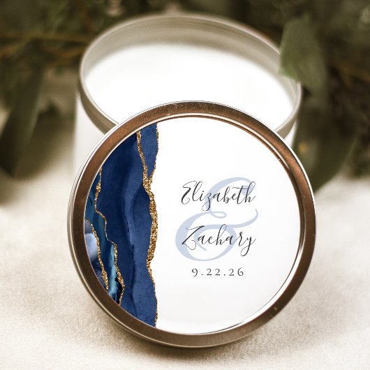 Agate Geode Script Navy Blue Gold Hochzeit Runder Aufkleber