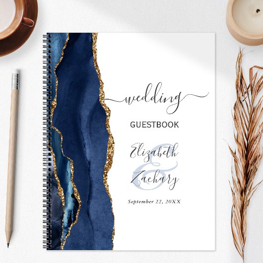 Agate Geode Script Navy Blue Gold Wedding Gast Notizblock
