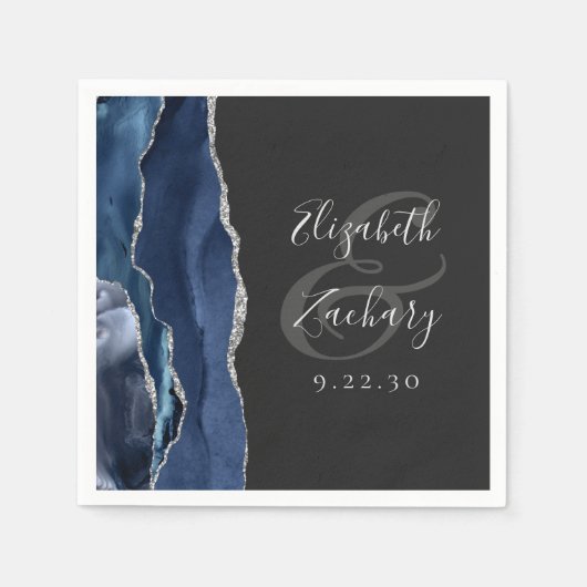 Agate Geode Script Navy Blue Silver Dark Wedding Serviette (Vorderseite)