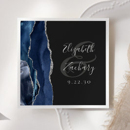 Agate Geode Script Navy Blue Silver Dark Wedding Serviette