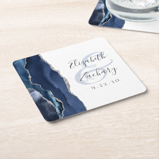 Agate Geode Script Navy Blue Silver Wedding Rechteckiger Pappuntersetzer (angewinkelt)