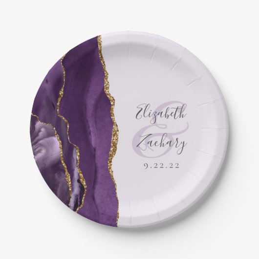 Agate Geode Script Pale Lila Goldhochzeit Pappteller (Vorderseite)
