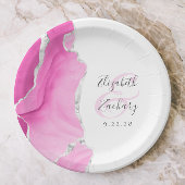 Agate Geode Script Pink Silver Wedding Pappteller