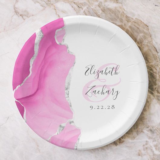 Agate Geode Script Pink Silver Wedding Pappteller