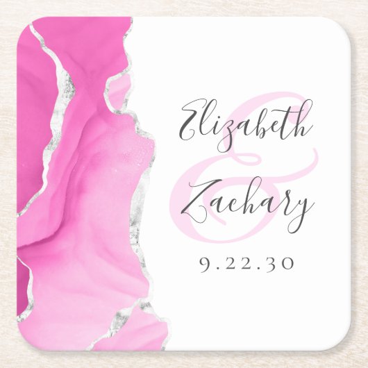 Agate Geode Script Pink Silver Wedding Rechteckiger Pappuntersetzer (Vorderseite)