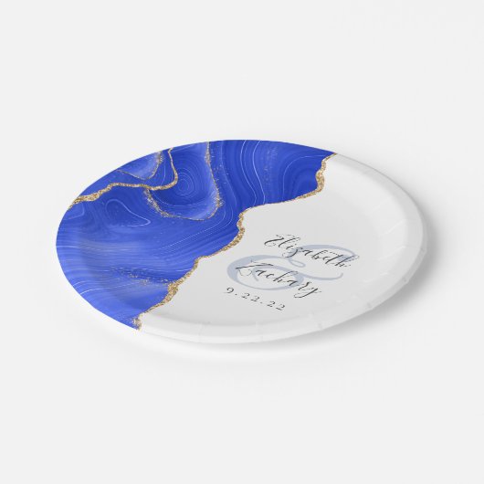 Agate Geode Script Royal Blue Gold Wedding Pappteller (Schrägansicht)