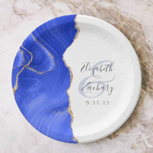 Agate Geode Script Royal Blue Gold Wedding Pappteller